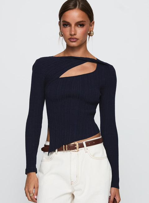 front view of model wearing Princess Polly Ellara Long Sleeve Top Blue Full Sleeves High Neck 