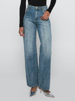 back view of model wearing Princess Polly Sacramento High Rise Straight Leg Jeans Mid Blue Denim High Rise Jeans Jeans 