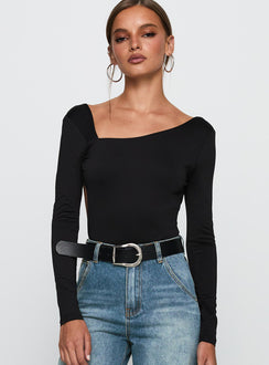 front view of model wearing Princess Polly Look This Good Backless Bodysuit Black Long Sleeve Tops Bodysuit 