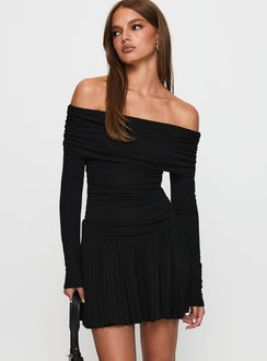 side view of model wearing Princess Polly Field Of Dreams Long Sleeve Mini Dress Onyx Straight Neck 