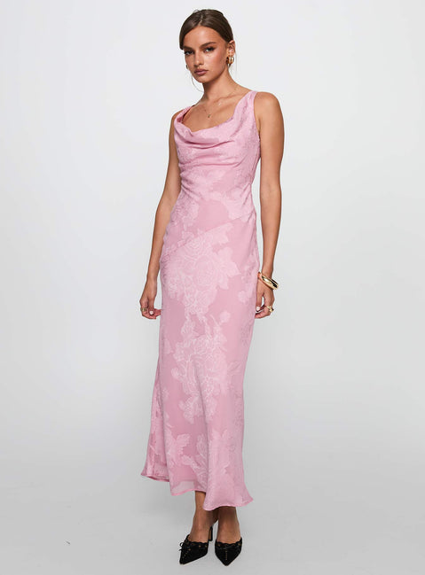 side view of model wearing Princess Polly Brietta Cowl Maxi Dress Pink Cowl Neck 