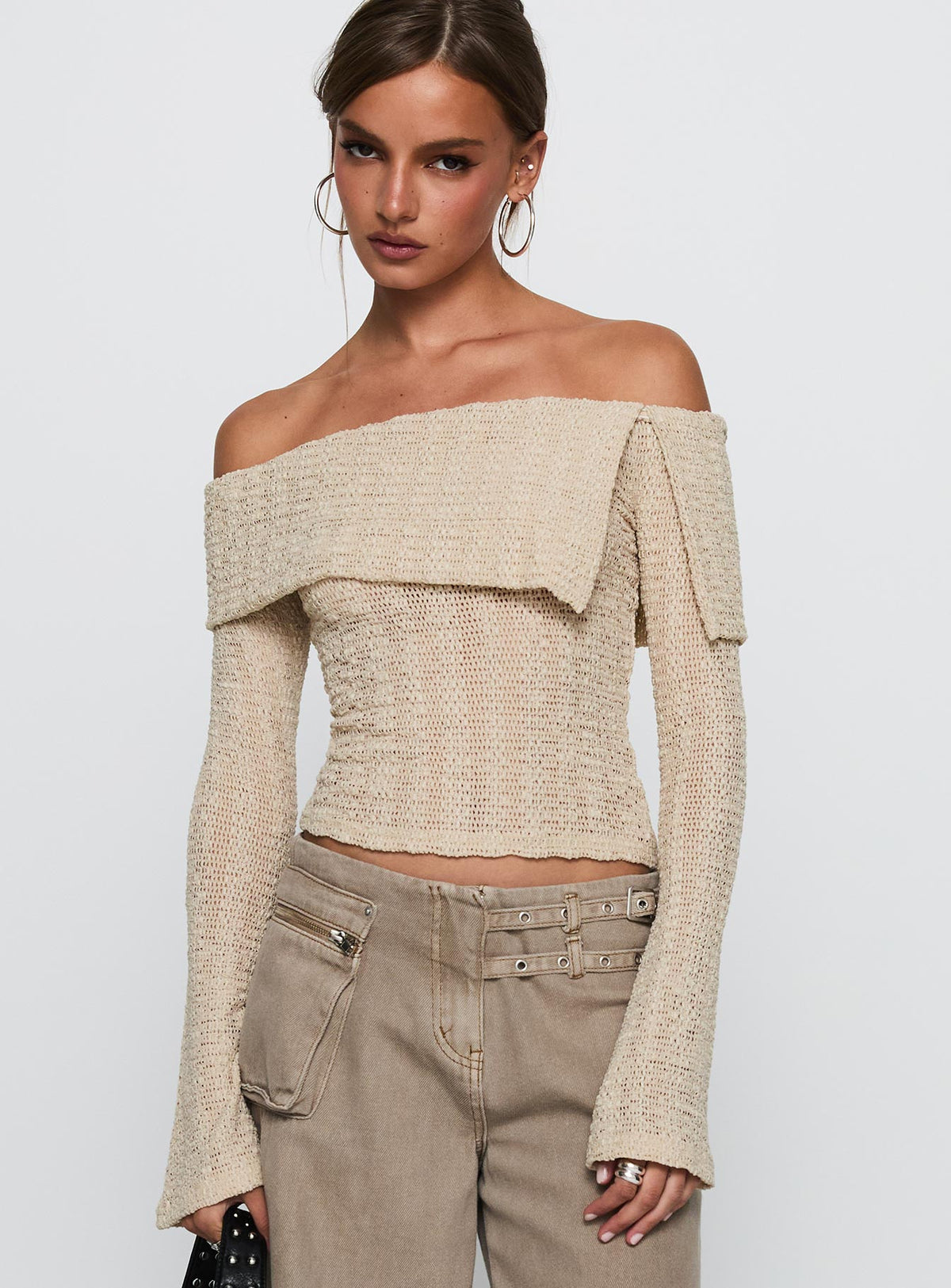 front view of model wearing Princess Polly Cardamom Long Sleeve Top Beige Full Sleeves straight 