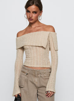 front view of model wearing Princess Polly Cardamom Long Sleeve Top Beige Full Sleeves straight 