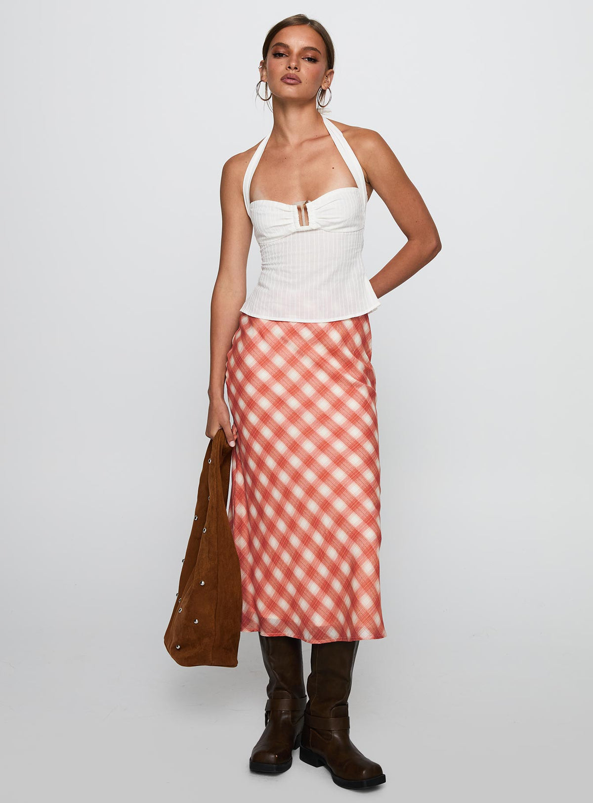   front view of model wearing Princess Polly Living Color Maxi Skirt Orange Gingham Midi Skirts Skirts 