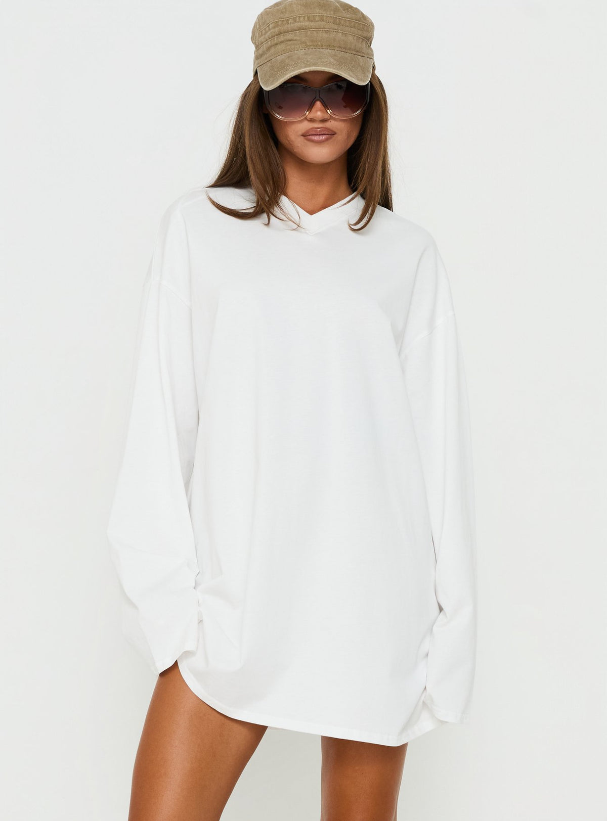 Settle Down Long Sleeve V Neck Mini Dress White