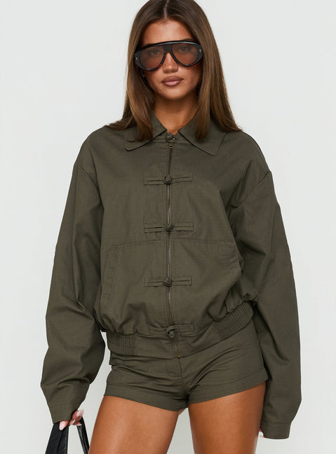 Satchie Utility Frog Closure Bomber Jacket Khaki
