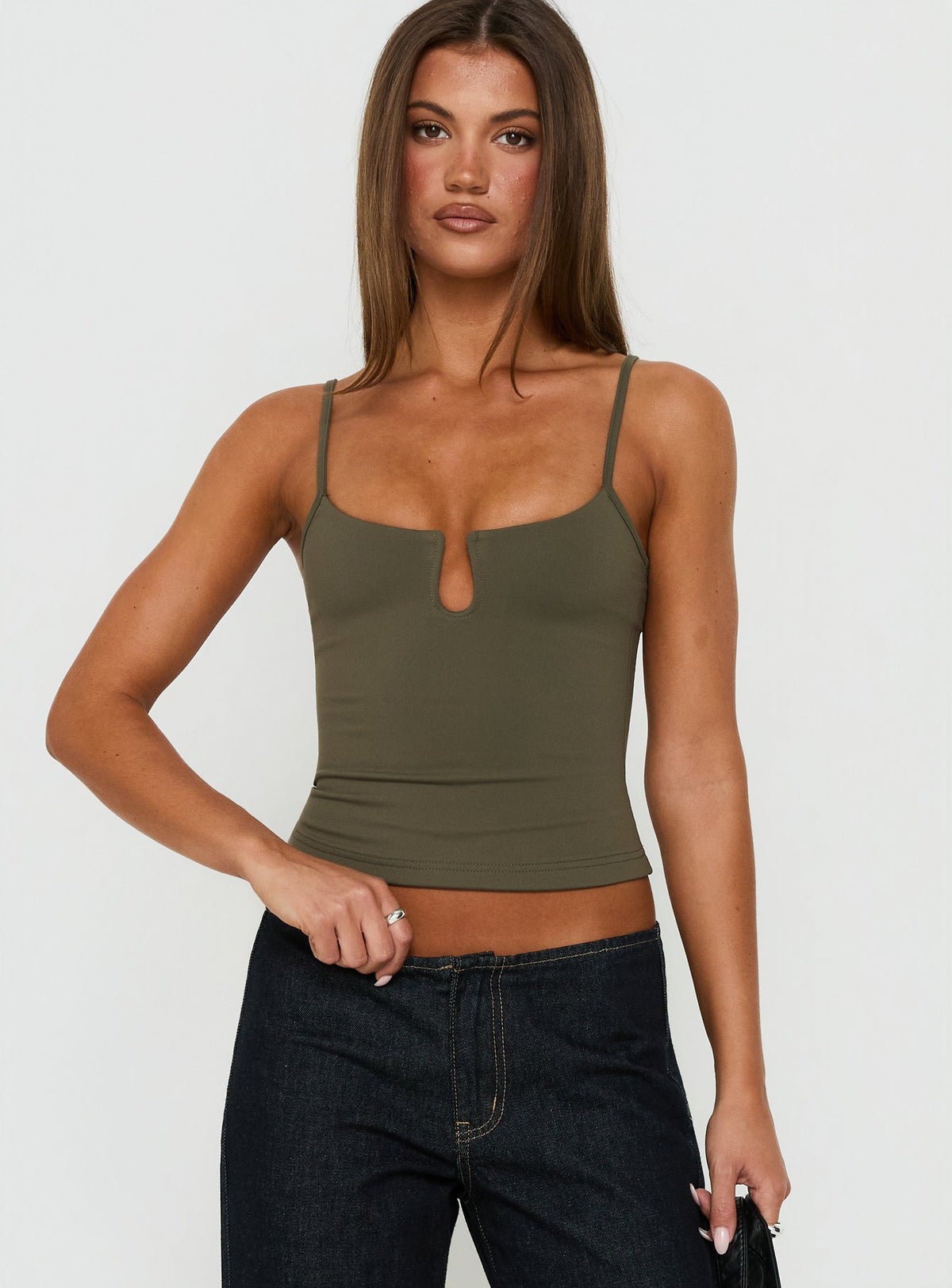 Daily Define Keyhole Cinched Tank Top Olive