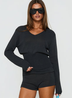Elsari Cinched Waist V Neck Knit Sweater Charcoal
