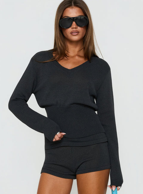 Elsari Cinched Waist V Neck Knit Sweater Charcoal