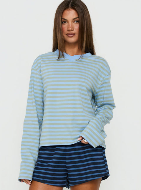 Viollette V Neck Long Sleeve Top Blue Stripe