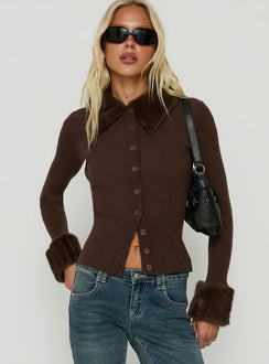 Discover the Chiqueeta Faux Fur Trim Knit Cardigan in chocolate womens-jumpers featuring short length front view of model wearing Princess Polly