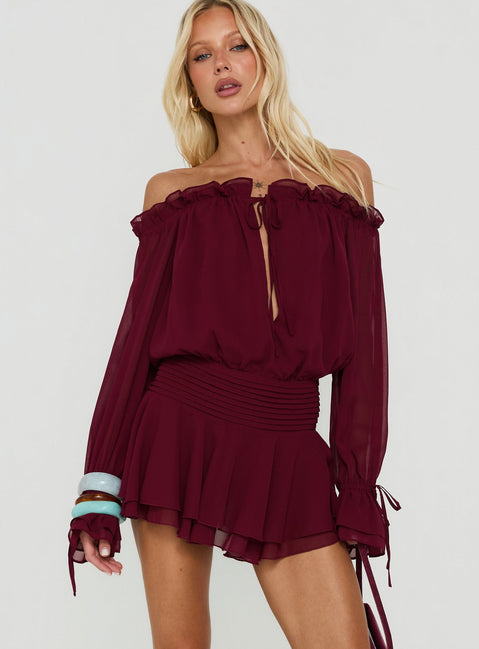 Felicita Off Shoulder Long Sleeve Chiffon Mini Dress Cherry