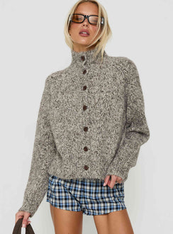 Crafted with the Faida Funnel Neck Knit Jumper Brown Speckle womens-jumpers featuring short length side view of model wearing Princess Polly