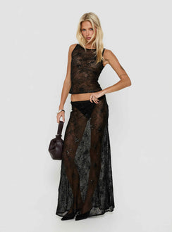 Hayess Sheer Embroidered Maxi Skirt Black womens-skirts in maxi length front view of model wearing Princess Polly