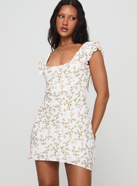 side view of model wearing Princess Polly Whitechapel Mini Dress Multi Square Neck 