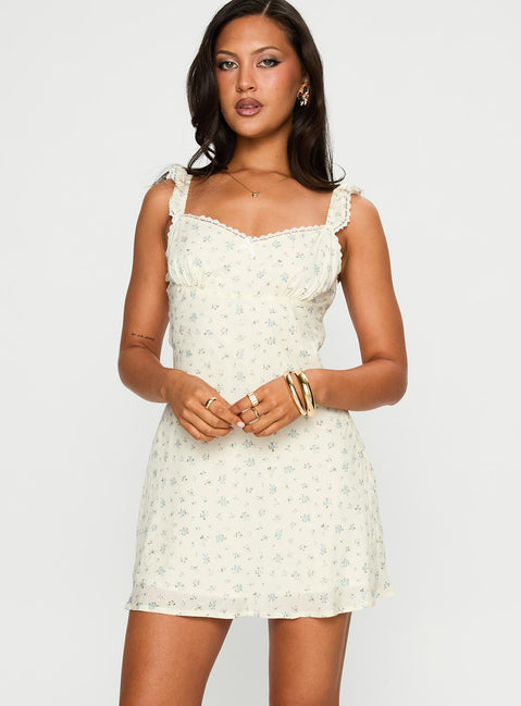 front view of model wearing Princess Polly Beacall Mini Dress Multi Floral Scoop Neck 