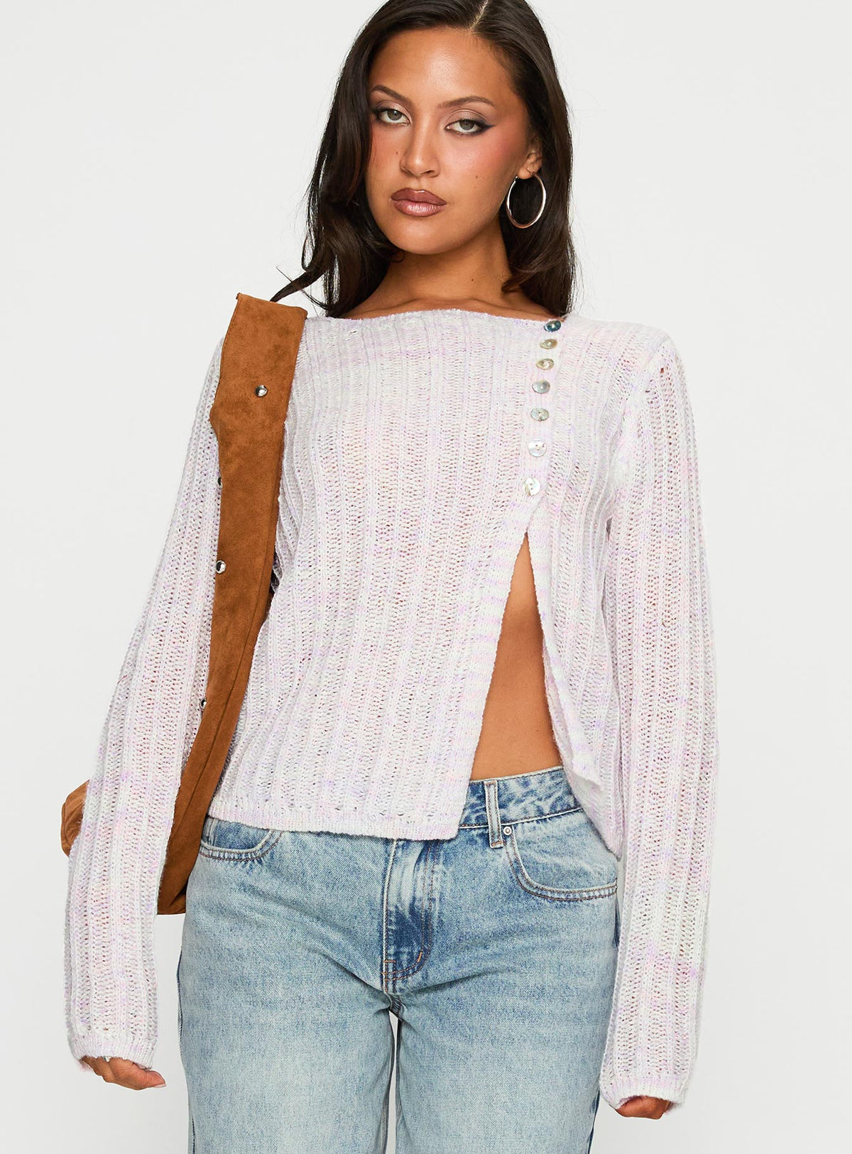 front view of model wearing Princess Polly Lenker Knit Jumper Lilac Cropped Jumpers Jumpers 