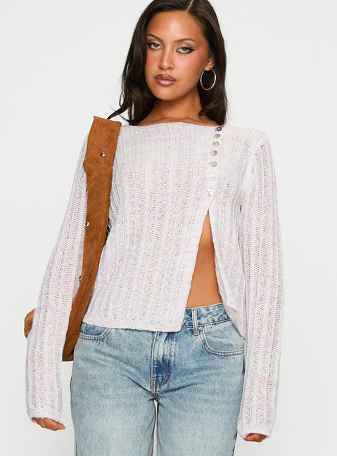 front view of model wearing Princess Polly Lenker Knit Jumper Lilac Cropped Jumpers Jumpers 