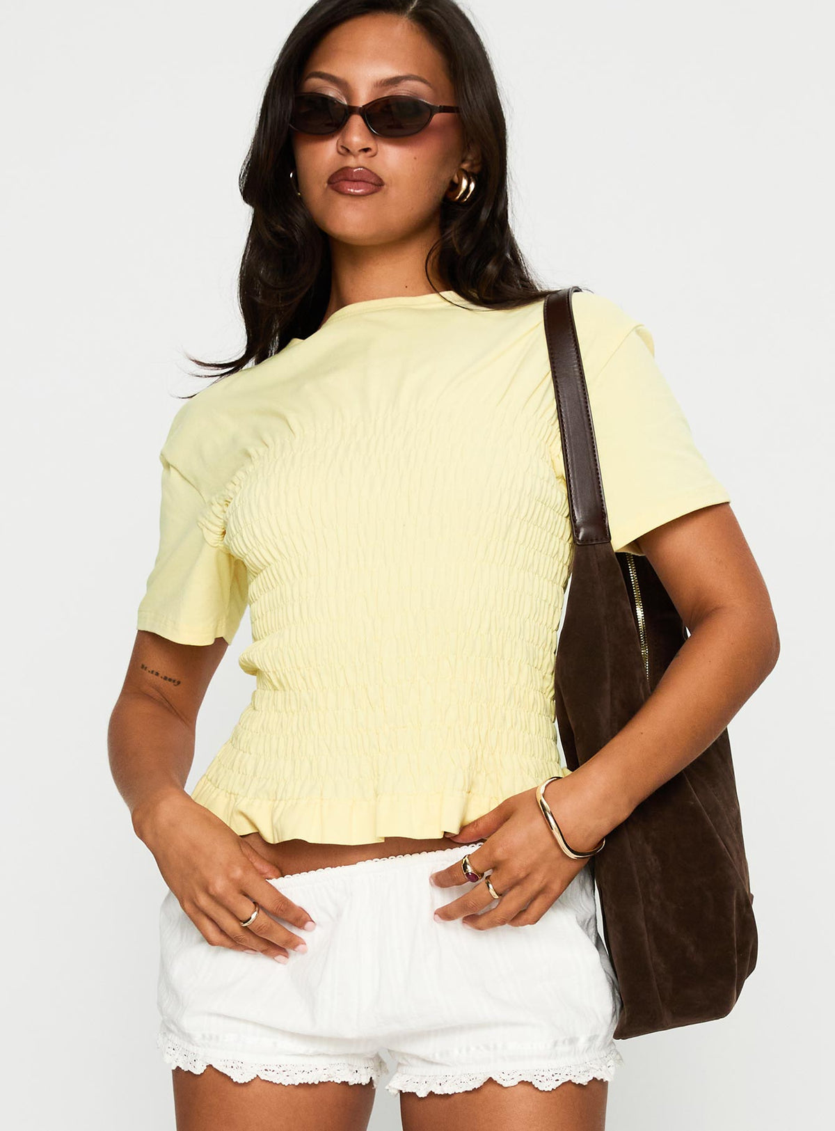 front view of model wearing Princess Polly Maybe Tomorrow Ruched Top Lemon Short Sleeves Crew Neck 