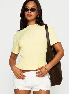 front view of model wearing Princess Polly Maybe Tomorrow Ruched Top Lemon Short Sleeves Crew Neck 
