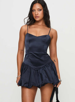 front view of model wearing Princess Polly Dollhouse Mini Dress Navy V-Neck 