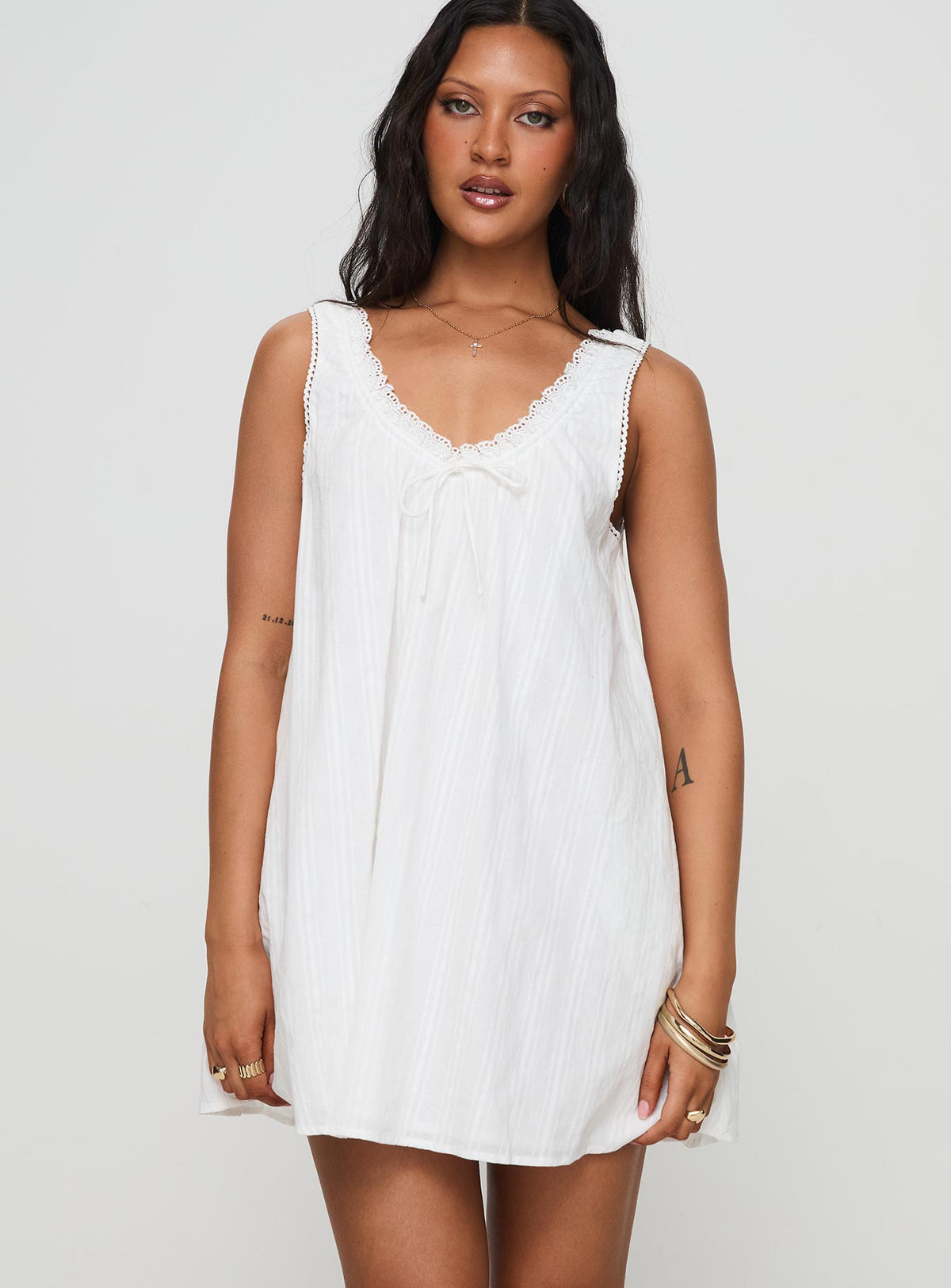 front view of model wearing Princess Polly Antiquity Swing Mini Dress White V-Neck 