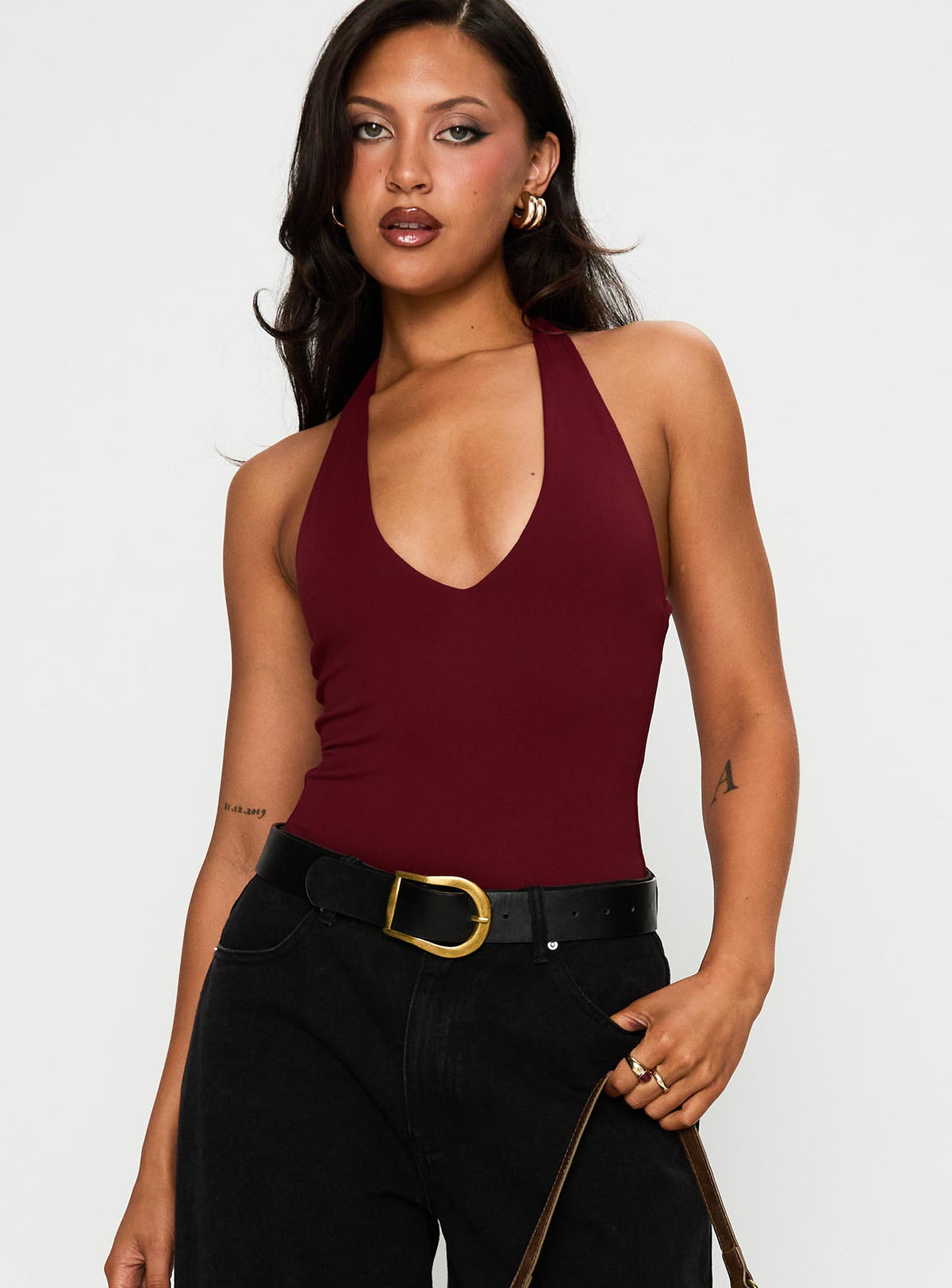 Someone New Halter Bodysuit Burgundy Sleeveless Bodysuit 