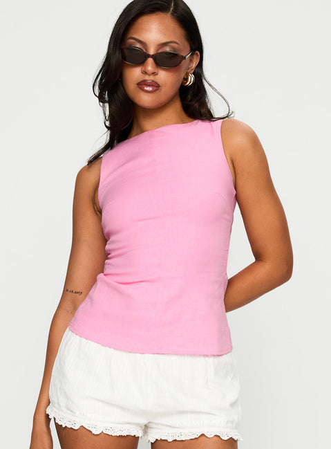 front view of model wearing Princess Polly Michaud Top Pink Sleeveless Crew Neck 