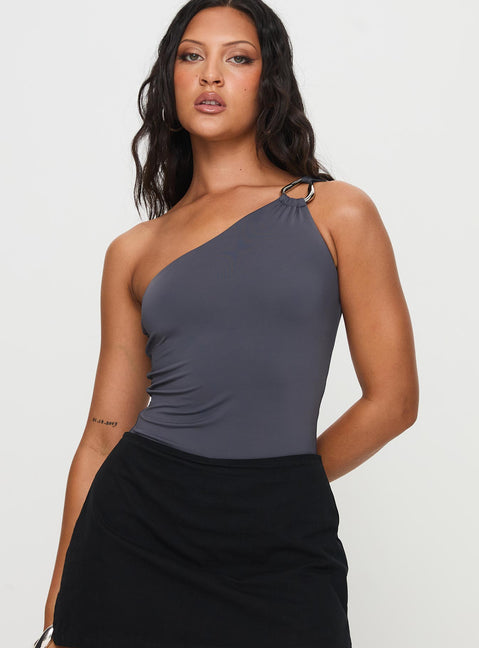 front view of model wearing Princess Polly Talija One Shoulder Bodysuit Slate Sleeveless Bodysuit 