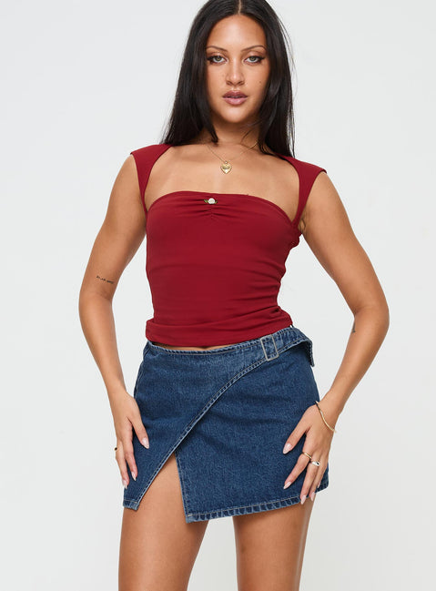   front view of model wearing Princess Polly Wait Up Denim Wrap Mini Skirt Mid Wash Mini Skirts Skirts 