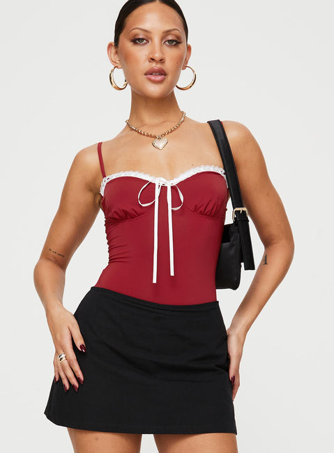 front view of model wearing Princess Polly Damsel Bodysuit Burgundy Sleeveless Bodysuit 