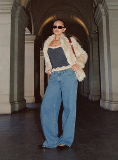 front view of model wearing Princess Polly Maryanne Mid Rise Relaxed Jeans Mid Wash Denim Tall Mid Rise Jeans Jeans 