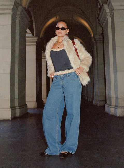 front view of model wearing Princess Polly Maryanne Mid Rise Relaxed Jeans Mid Wash Denim Tall Mid Rise Jeans Jeans 