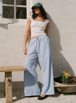 front view of model wearing Princess Polly Holiday Tie Front Pant Blue/ White Stripe High Rise Pants Pants 