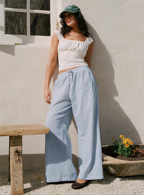 front view of model wearing Princess Polly Holiday Tie Front Pant Blue/ White Stripe High Rise Pants Pants 