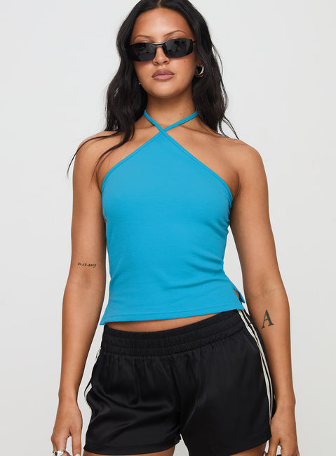 front view of model wearing Princess Polly Baseline Halter Rib Top Blue Sleeveless 