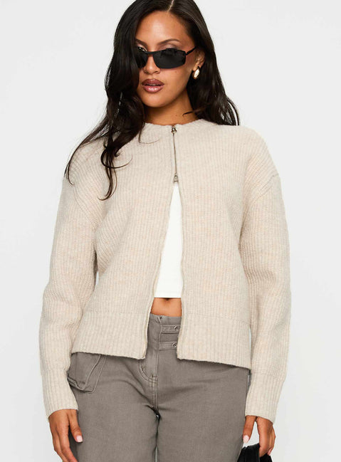 front view of model wearing Princess Polly Lexene Zip Through Jumper Oat Cropped Jumpers Jumpers 