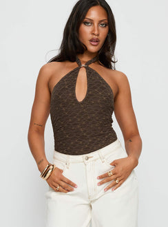 front view of model wearing Princess Polly Libbey Hardware Detail Textured Bodysuit Brown Sleeveless Bodysuit 