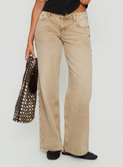 side view of model wearing Princess Polly Ellanor Low Rise Straight Leg Jeans Tan Low Rise Jeans Jeans 