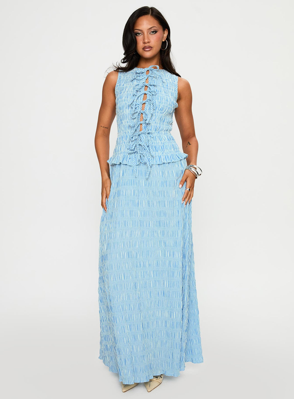 front view of model wearing Princess Polly Songbird Shirred Maxi Dress Blue Crew Neck 