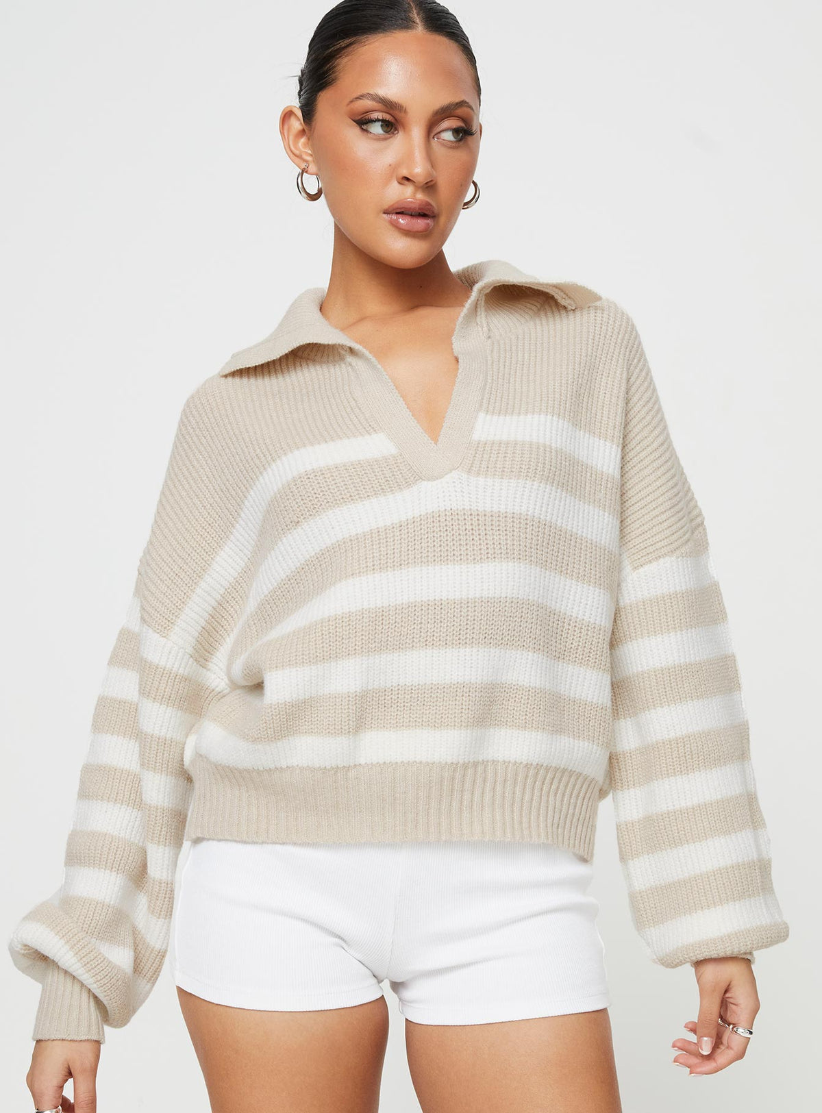 Front view of model wearing  front Williamson Stripe Sweater Beige Princess Polly  