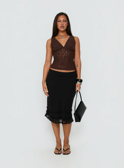 back view of model wearing Princess Polly Clarabella Frill Midi Skirt Black Midi Skirts Skirts 