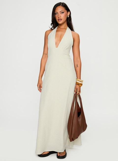 front view of model wearing Princess Polly Caralyn Halter Maxi Dress Multi Stripe Plunger 