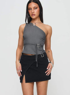   front view of model wearing Princess Polly Wait Up Denim Wrap Mini Skirt Washed Black Mini Skirts Skirts 