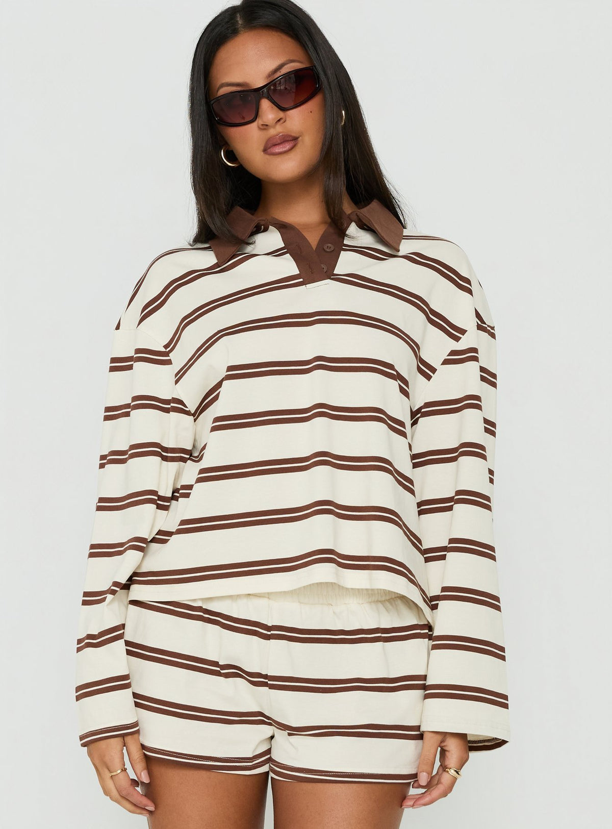 Eddi Long Sleeve Polo Top Cream / Brown Stripe