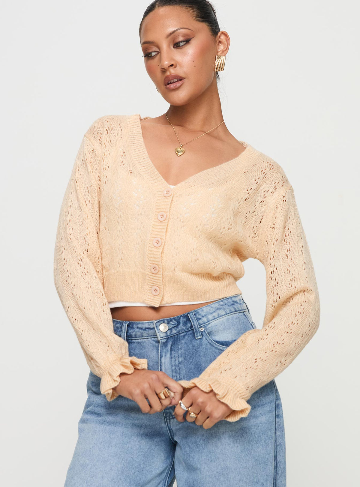 front view of model wearing Princess Polly Lyric Cropped Cardigan Beige Cropped Jumpers Jumpers 