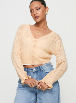 front view of model wearing Princess Polly Lyric Cropped Cardigan Beige Cropped Jumpers Jumpers 