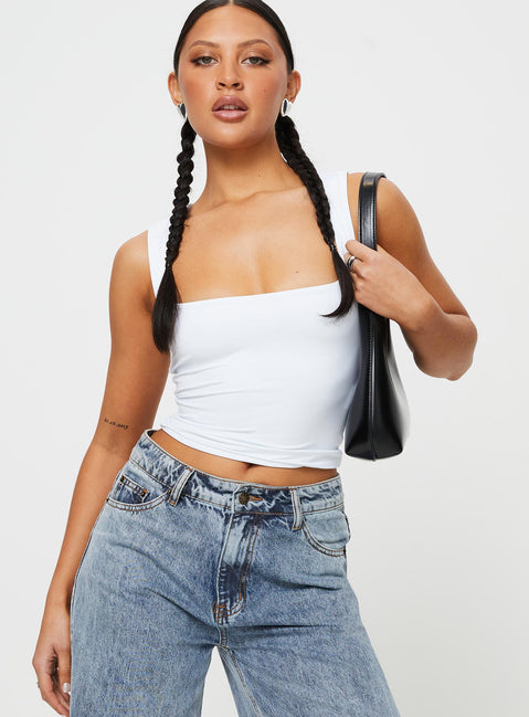 Front view of model wearing  front Princess Polly Sleeveless Square Neck  Back In Time Top White
