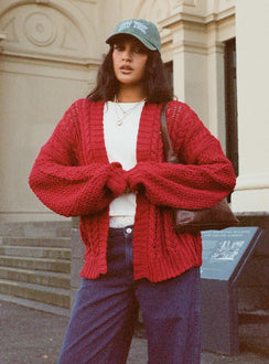 front view of model wearing Princess Polly Abner Cable Cardigan Red Longline Jumpers Jumpers 