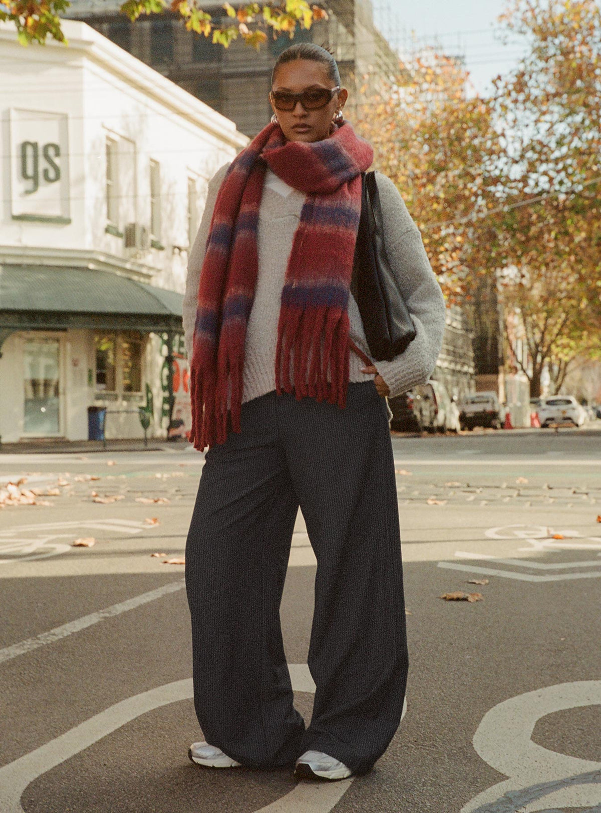 front view of model wearing Princess Polly Seraphic Pants Charcoal Stripe High Rise Pants Pants 